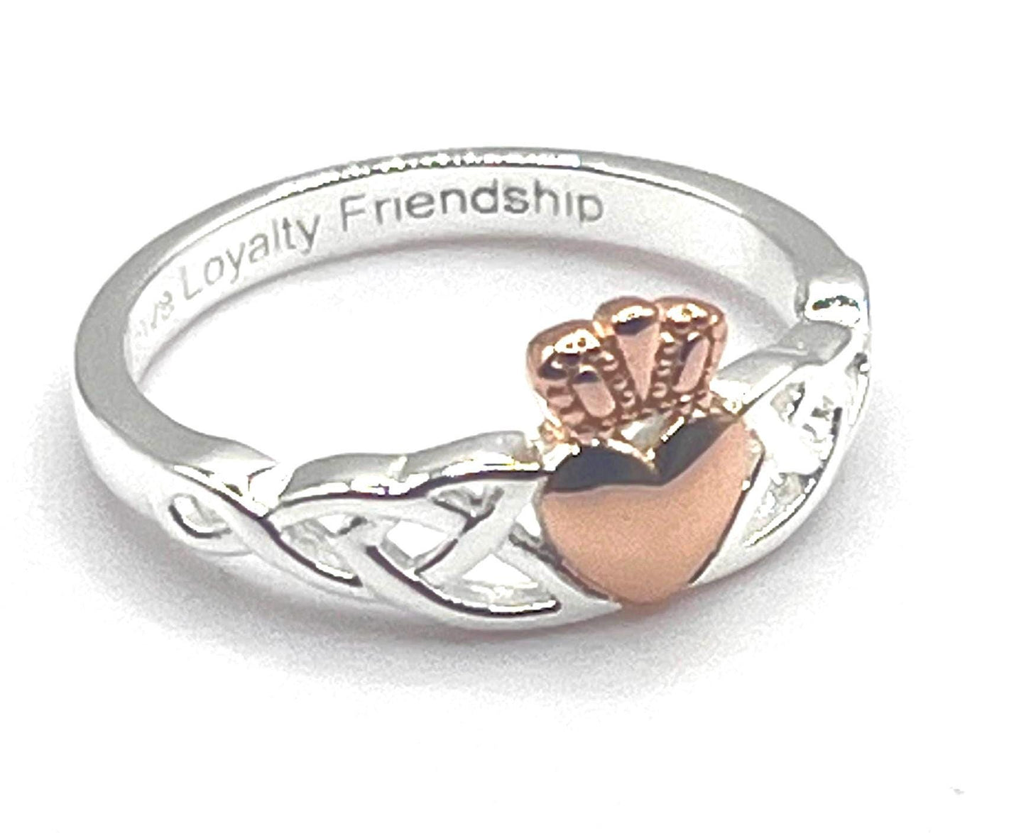 Irish Trinity Claddagh ring in Sterling Silver with 14 ct Rose Gold heavy plating .