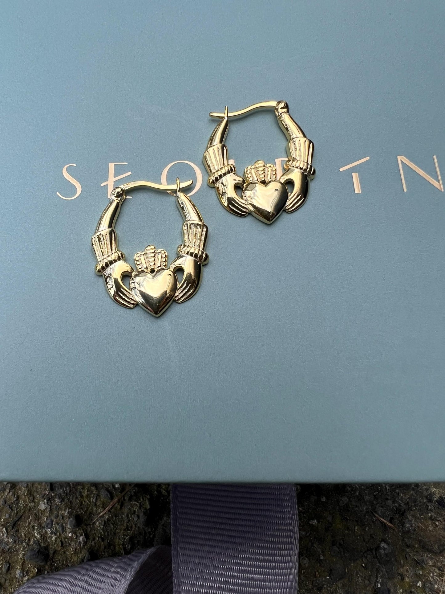 14 ct Gold on silver Claddagh Hoop Earings from Galway Ireland , home of the original .