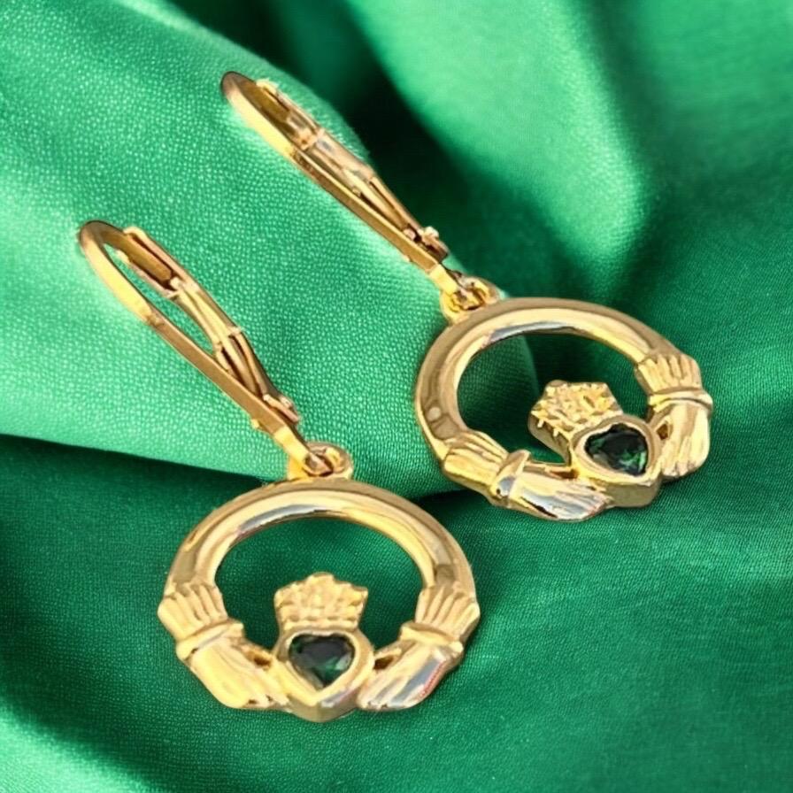 14 ct Gold coated Sterling Silver Claddagh earrings with emerald green stone , hanging on classic French wires , true Elegance