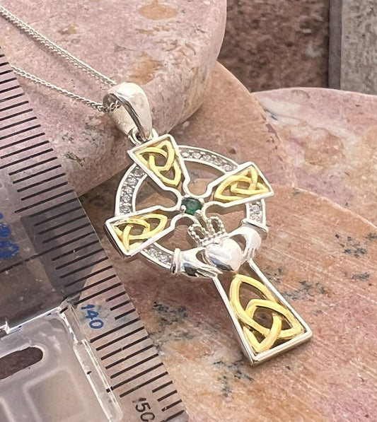 Stunning Sterling Silver & 14 ct thick gold coating ,Celtic cross with a claddagh motif centre , living hand made here in Galway Ireland.