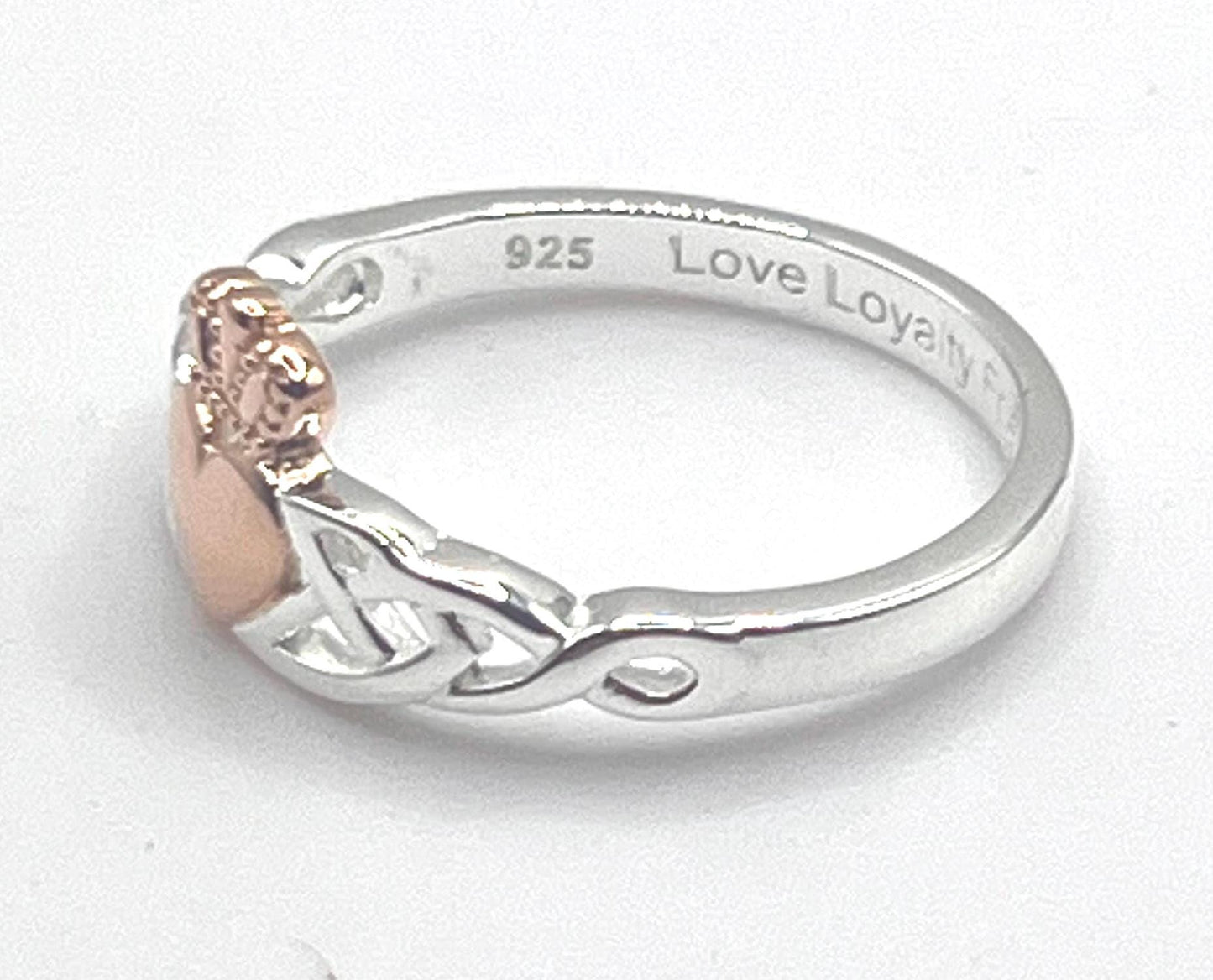 Irish Trinity Claddagh ring in Sterling Silver with 14 ct Rose Gold heavy plating .