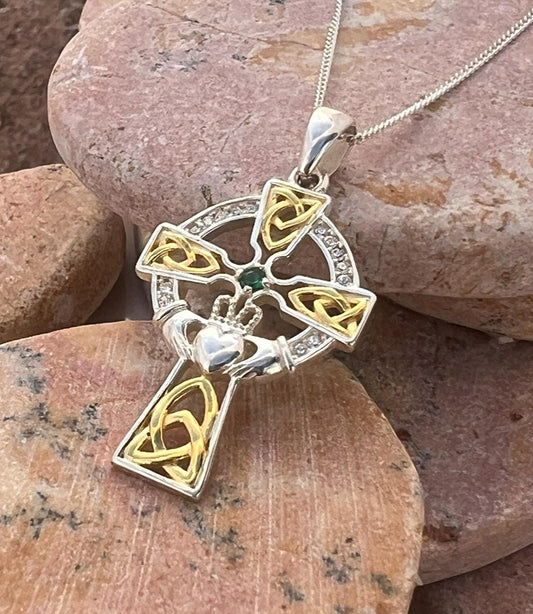 Stunning Sterling  Silver & 14 ct thick gold coating ,Celtic cross with a claddagh motif centre , living  hand made here in Galway Ireland.