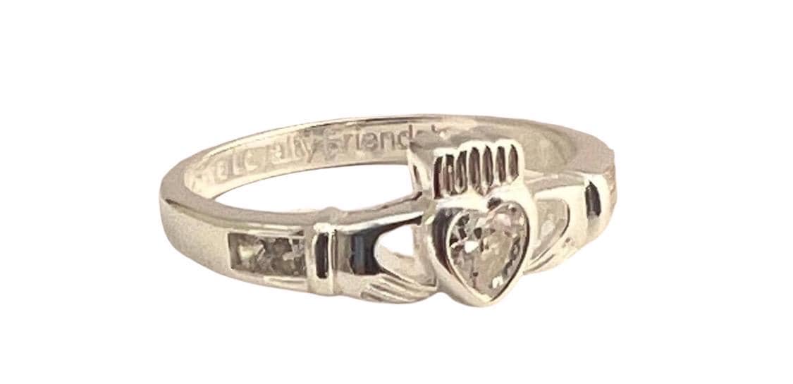 Aries , March April Claddagh Birthstone Ring with synthetic Diamond , white Cz .made from Sterling Silver here in Galway .