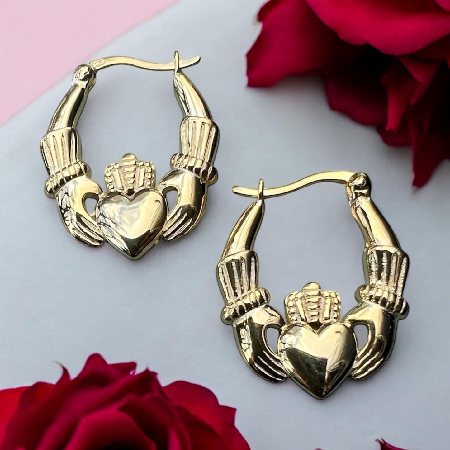 14 ct Gold on silver Claddagh Hoop Earings from Galway Ireland , home of the original .