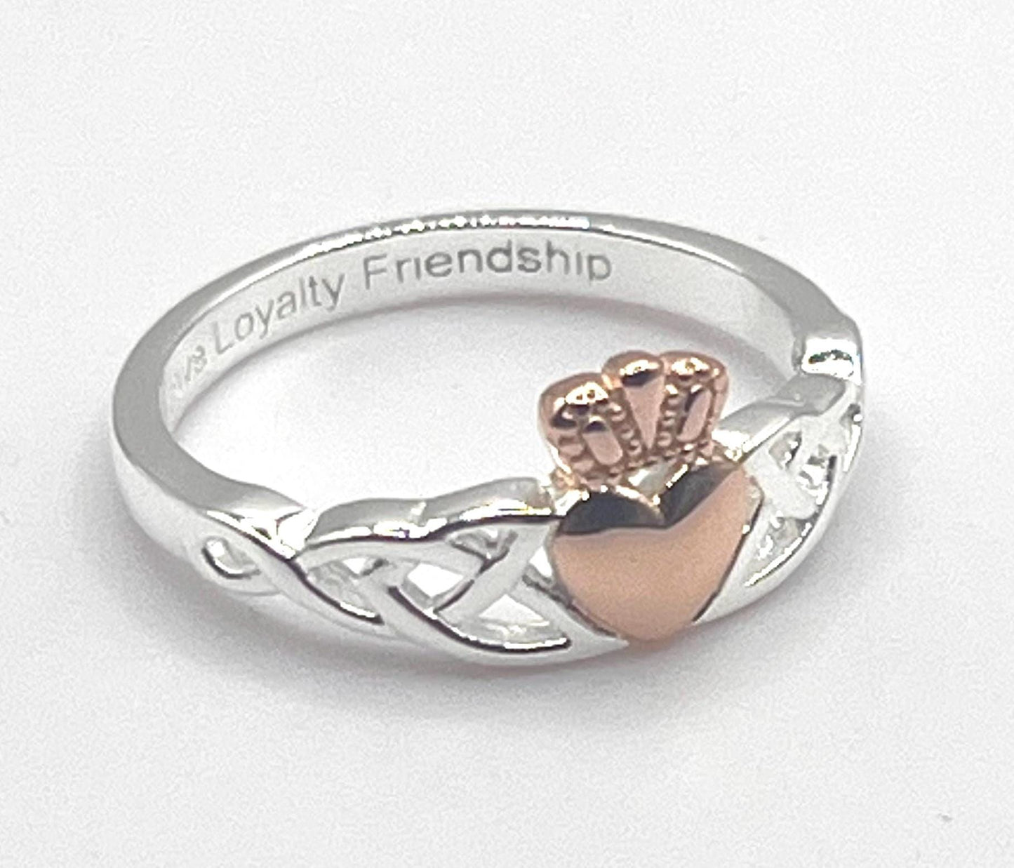 Irish Trinity Claddagh ring in Sterling Silver with 14 ct Rose Gold heavy plating .