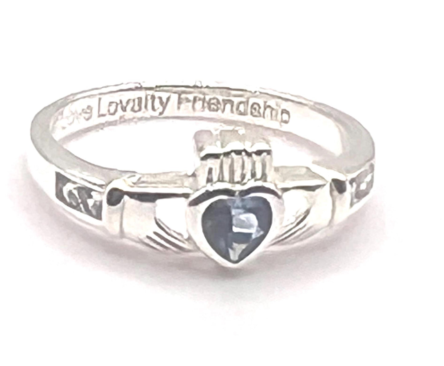 Claddagh Birthstone ring . March ,Aquamarine set in Sterling Silver locally made in Galway Ireland , Available in all 12 Birthstone Colours