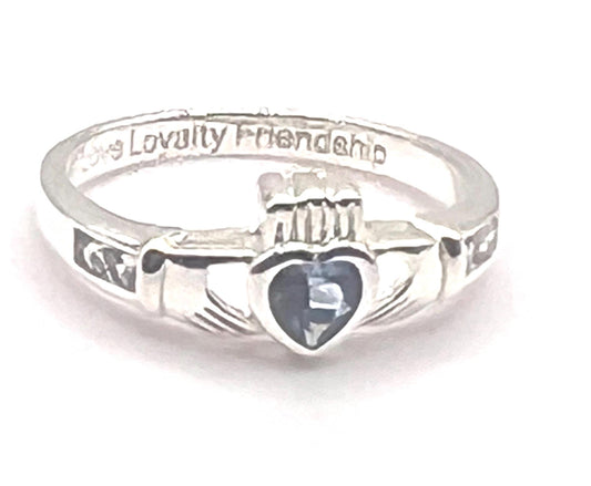 Claddagh Birthstone ring . March ,Aquamarine set in Sterling Silver locally made in Galway Ireland , Available in all 12 Birthstone Colours