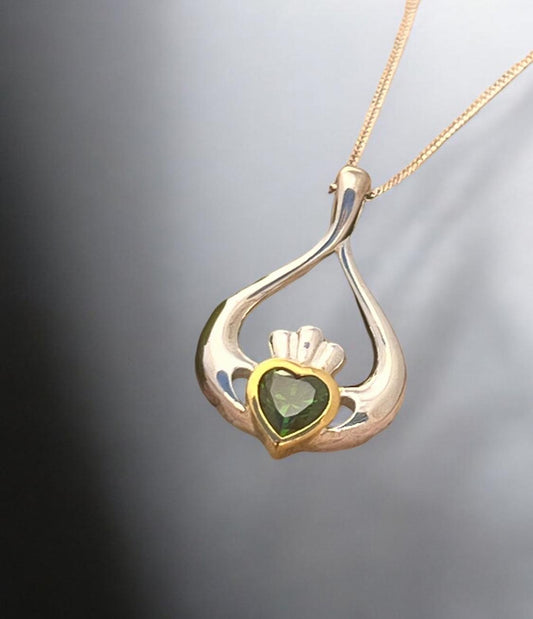 2 Tone silver and 14 ct Gold plating oval shape Claddagh necklace .