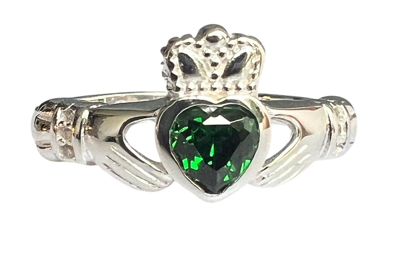 Queen  of the Claddagh , Synthetic  Emersld CZ  , Ladies Claddagh Ring .join our Celtic Community .