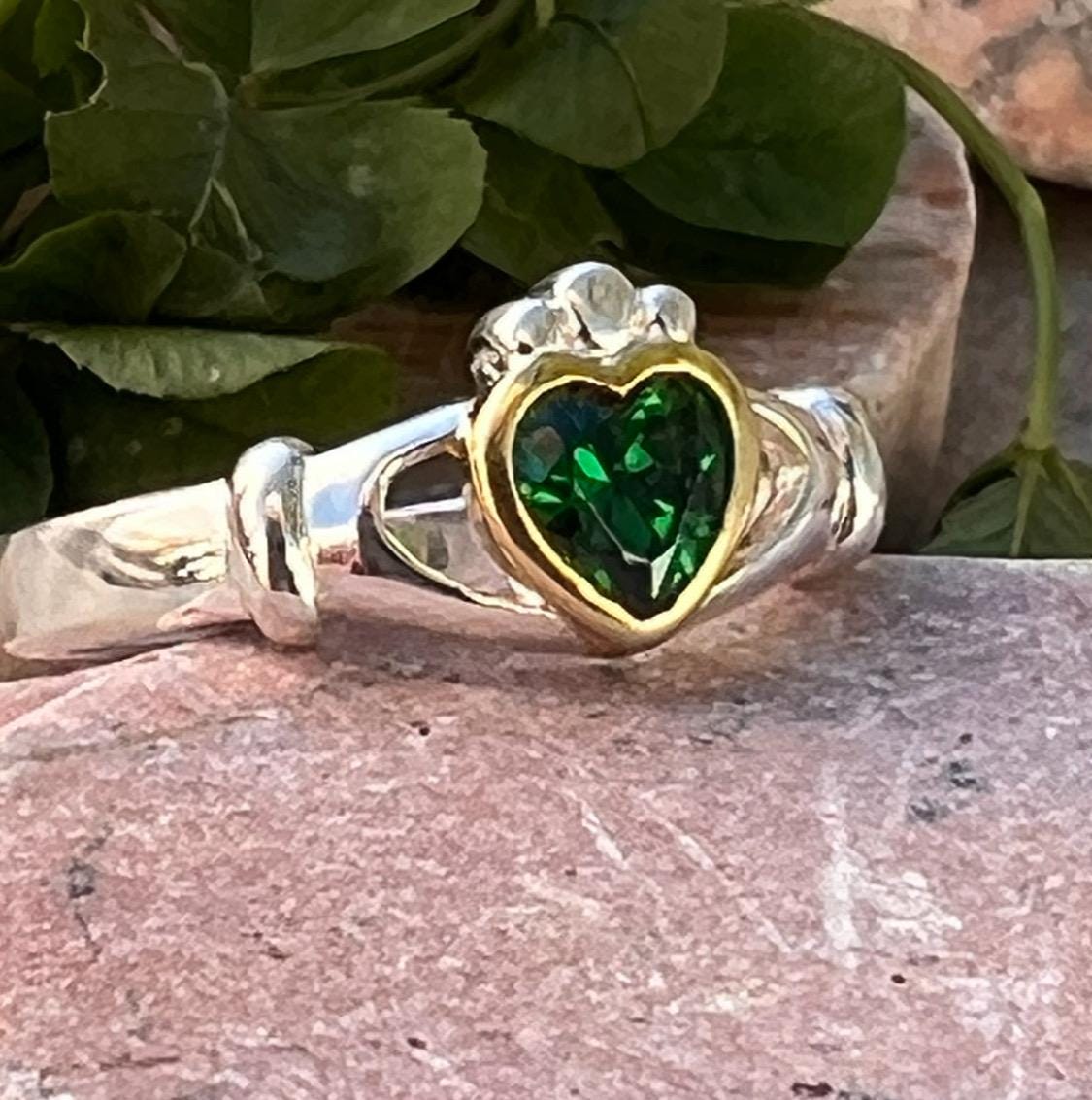 Emerald Celtic princess 2 tone ladies Claddagh ring .