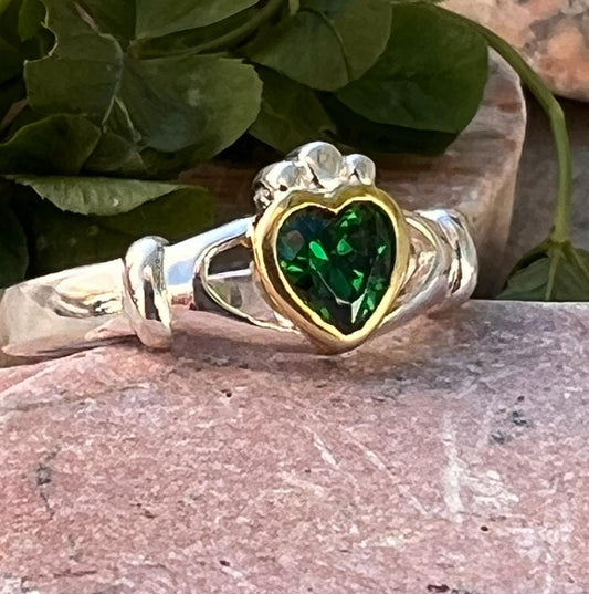 Emerald Celtic princess 2 tone ladies Claddagh ring .