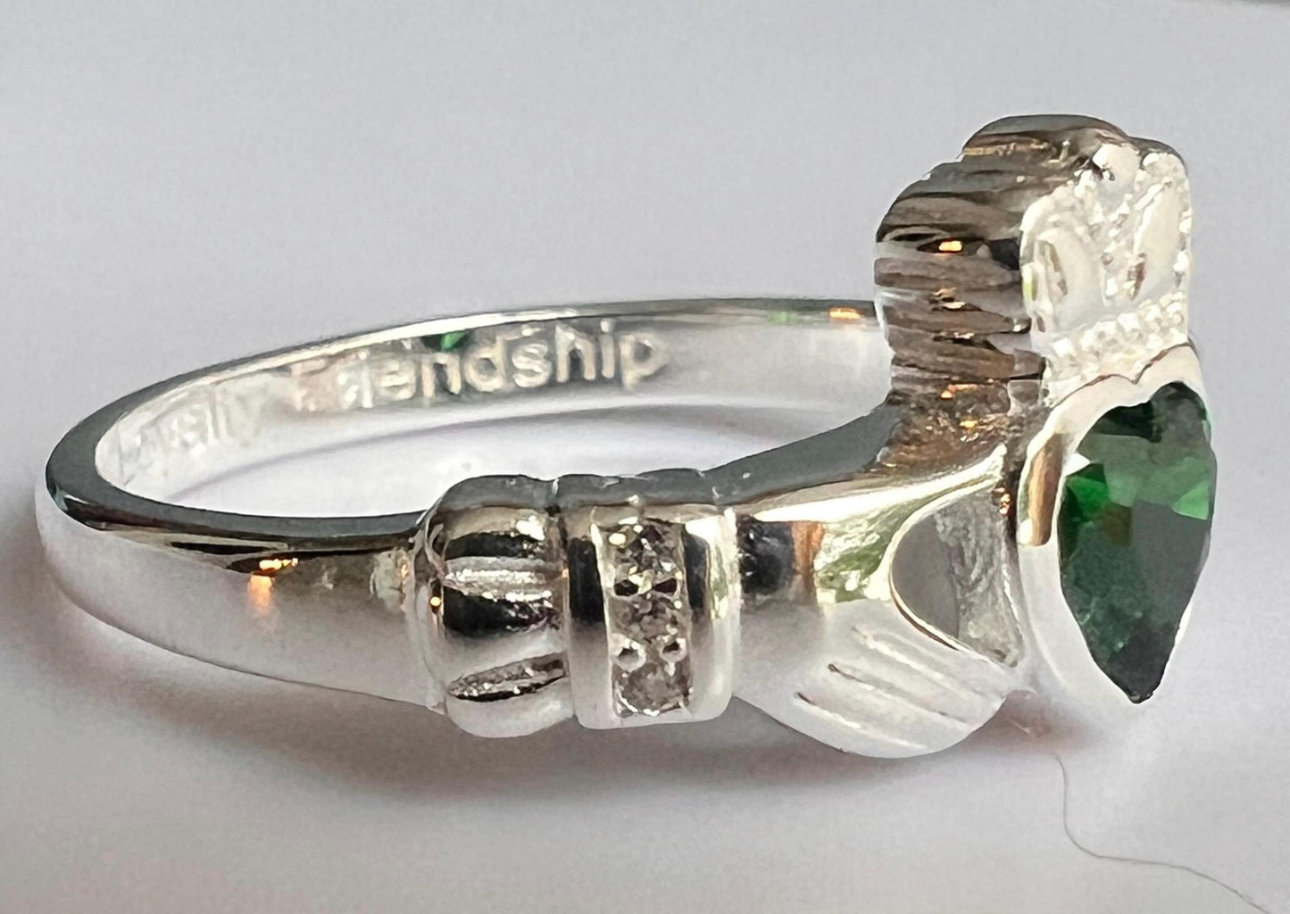 Queen  of the Claddagh , Synthetic  Emersld CZ  , Ladies Claddagh Ring .join our Celtic Community .