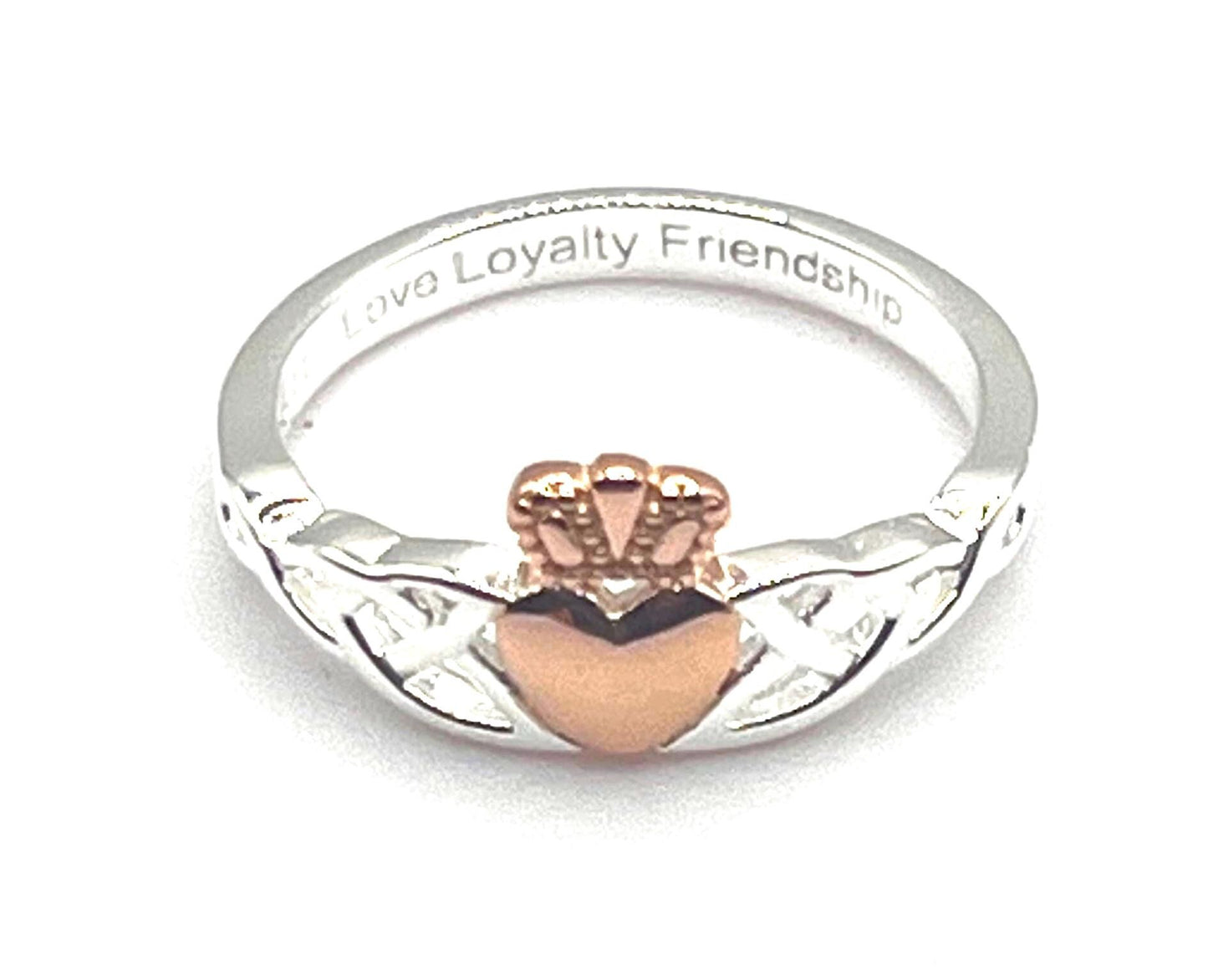 Irish Trinity Claddagh ring in Sterling Silver with 14 ct Rose Gold heavy plating .