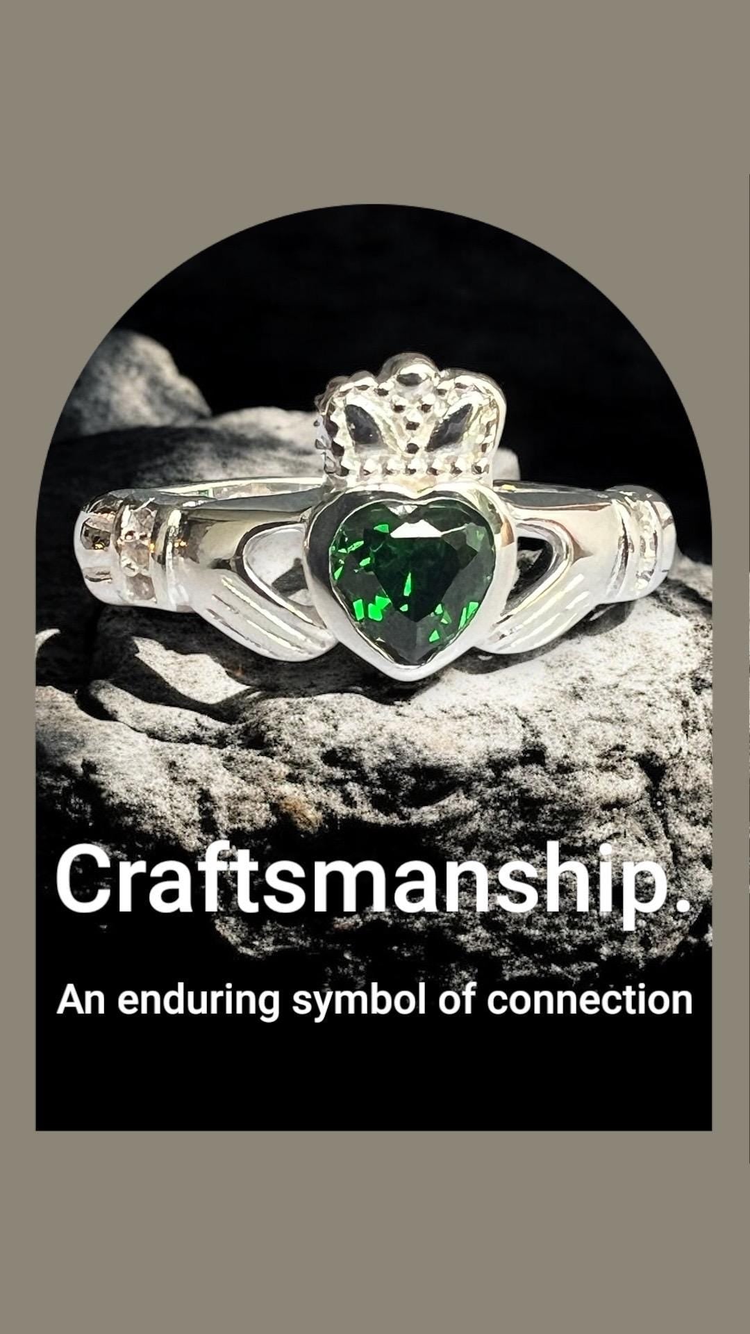 Queen  of the Claddagh , Synthetic  Emersld CZ  , Ladies Claddagh Ring .join our Celtic Community .