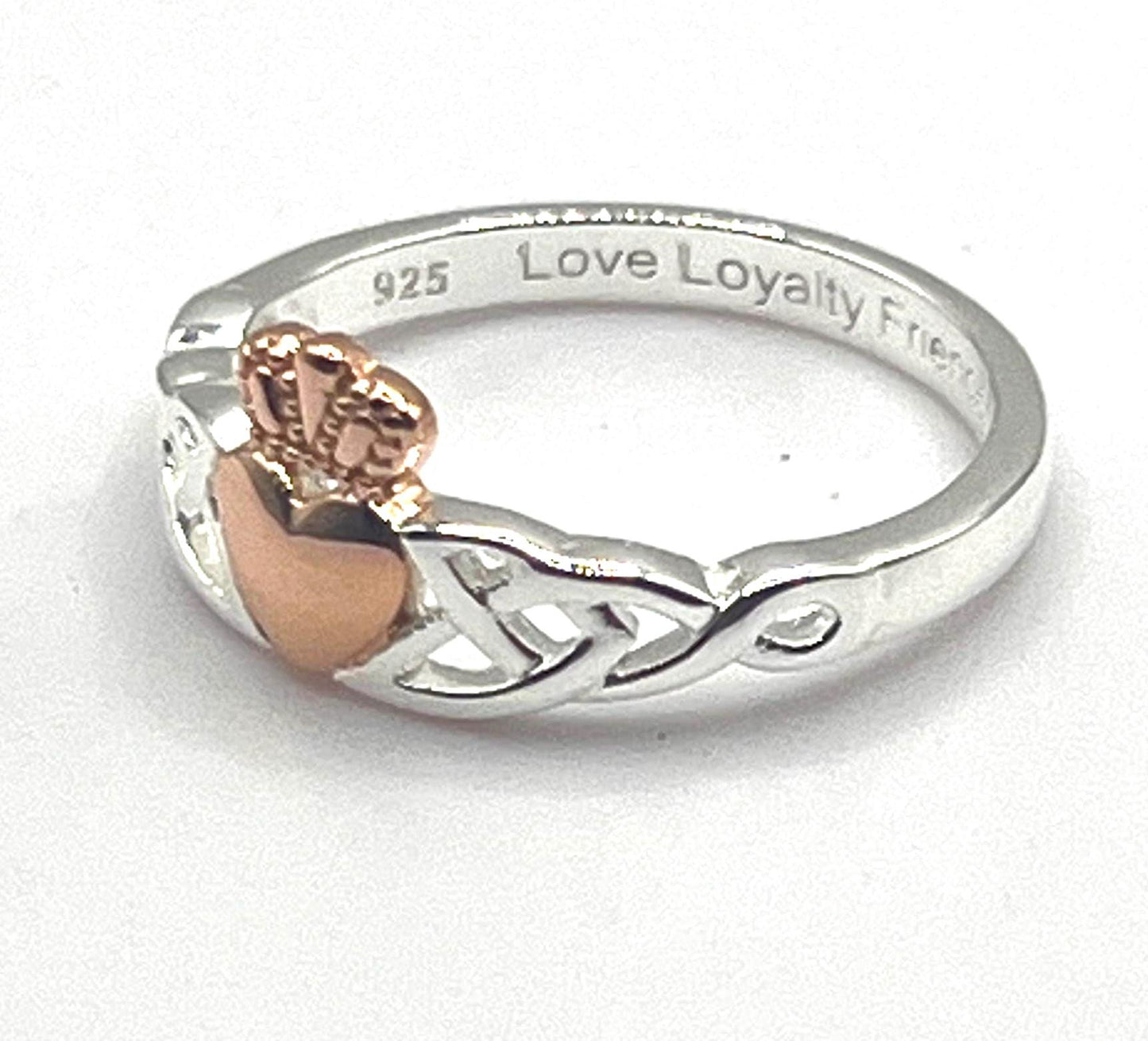 Irish Trinity Claddagh ring in Sterling Silver with 14 ct Rose Gold heavy plating .