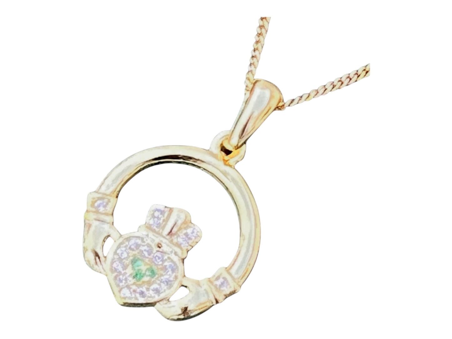 Green and whits stone 14 ct coated on Sterling silver Claggagh pendant on an 18 inch chain .