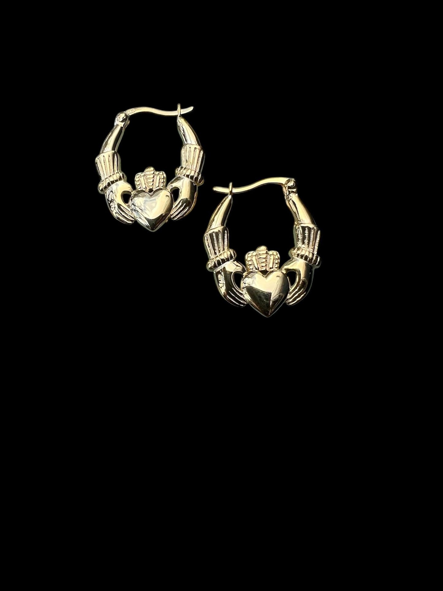 14 ct Gold on silver Claddagh Hoop Earings from Galway Ireland , home of the original .