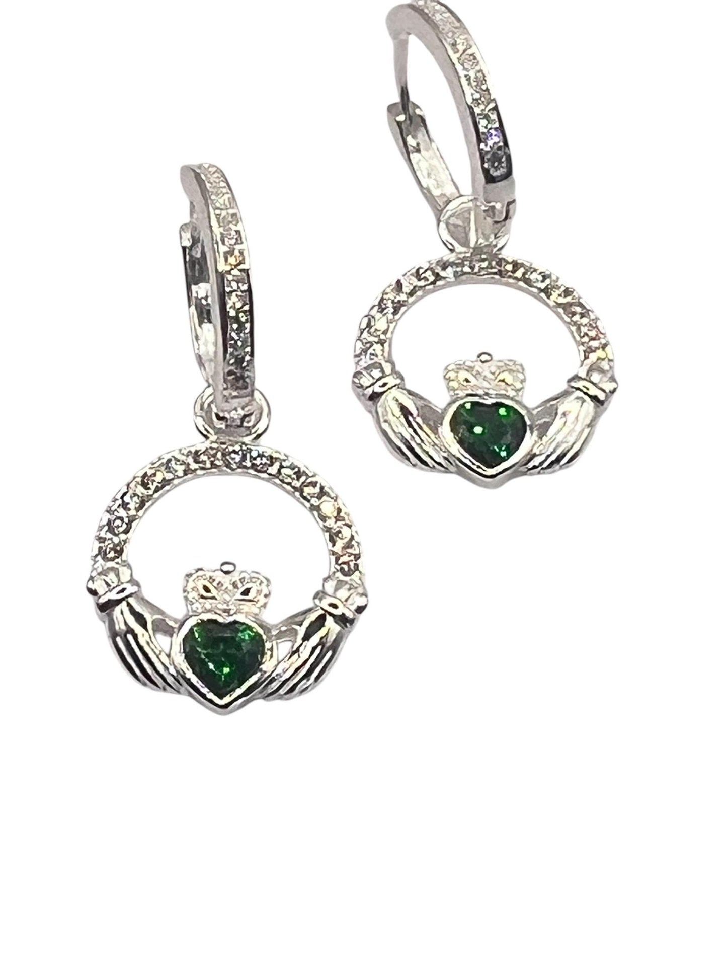 Emerald Green May Birthstone Claddagh earrings on  Huggie hoops ., become part of our z Celtic Community and Celbrate the month of May .