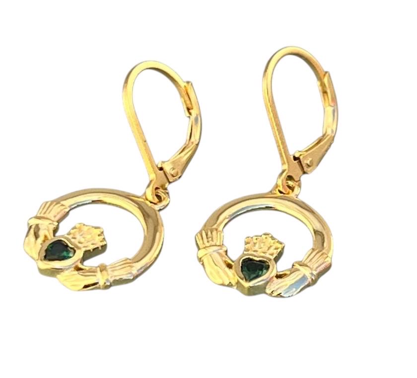 14 ct Gold coated Sterling Silver Claddagh earrings with emerald green stone , hanging on classic French wires , true Elegance