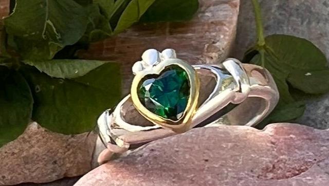 Emerald Celtic princess 2 tone ladies Claddagh ring .