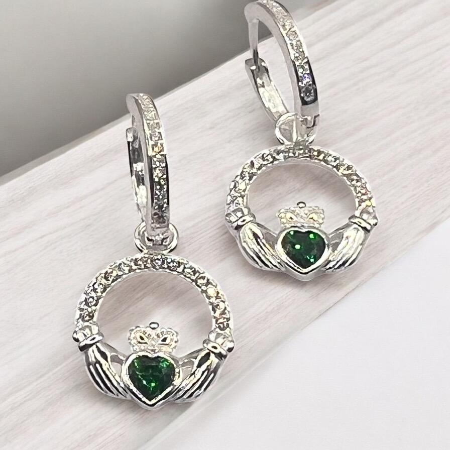 Emerald Green May Birthstone Claddagh earrings on  Huggie hoops ., become part of our z Celtic Community and Celbrate the month of May .