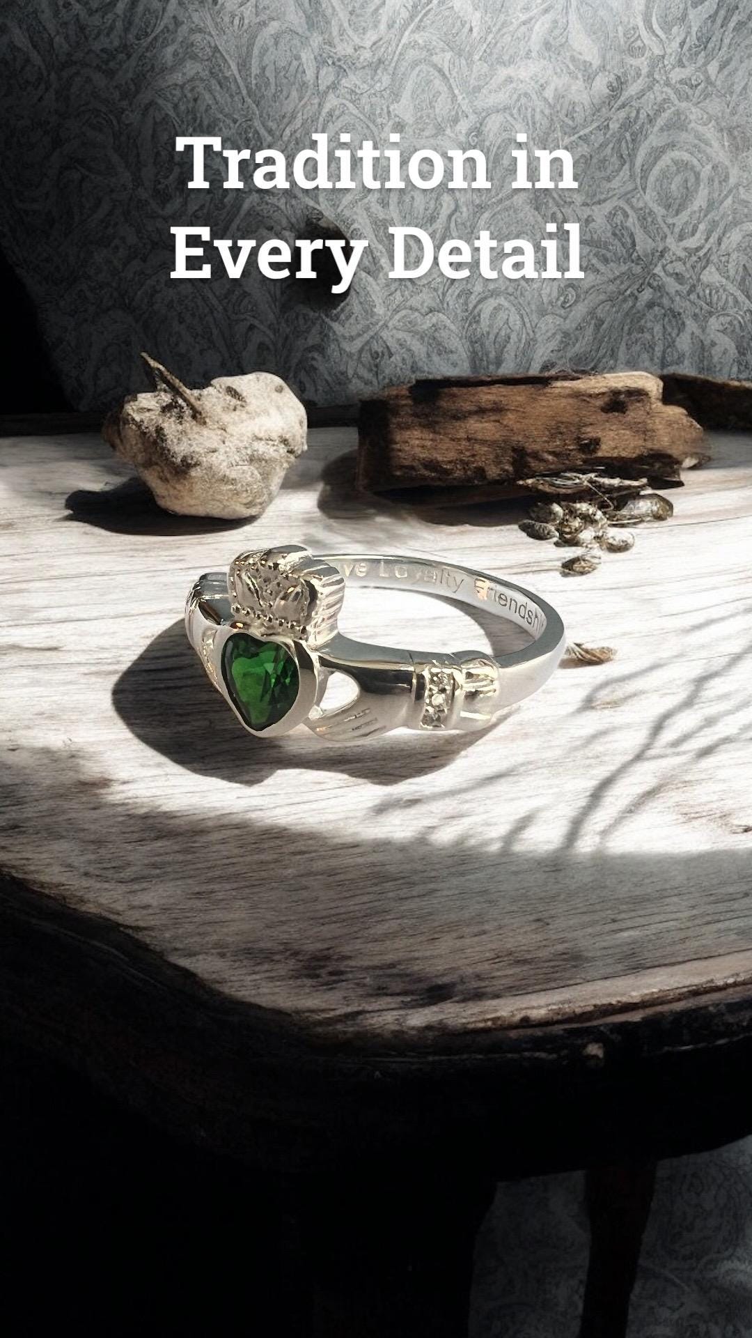 Queen  of the Claddagh , Synthetic  Emersld CZ  , Ladies Claddagh Ring .join our Celtic Community .