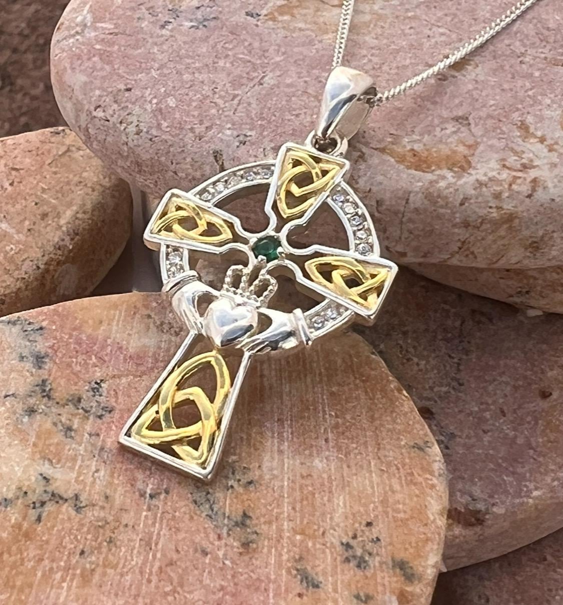 Stunning Sterling  Silver & 14 ct thick gold coating ,Celtic cross with a claddagh motif centre , living  hand made here in Galway Ireland.