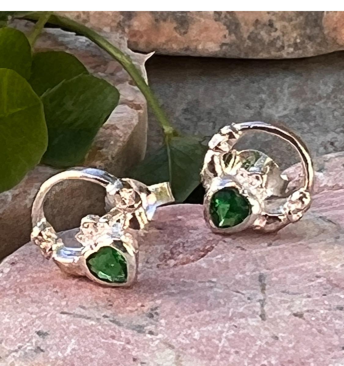 Sterling silver Claddagh birthstone  stud earrings  with a dark green emerald colour stone ,