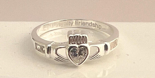Aries , March April Claddagh Birthstone Ring with synthetic Diamond , white Cz .made from Sterling Silver here in Galway .