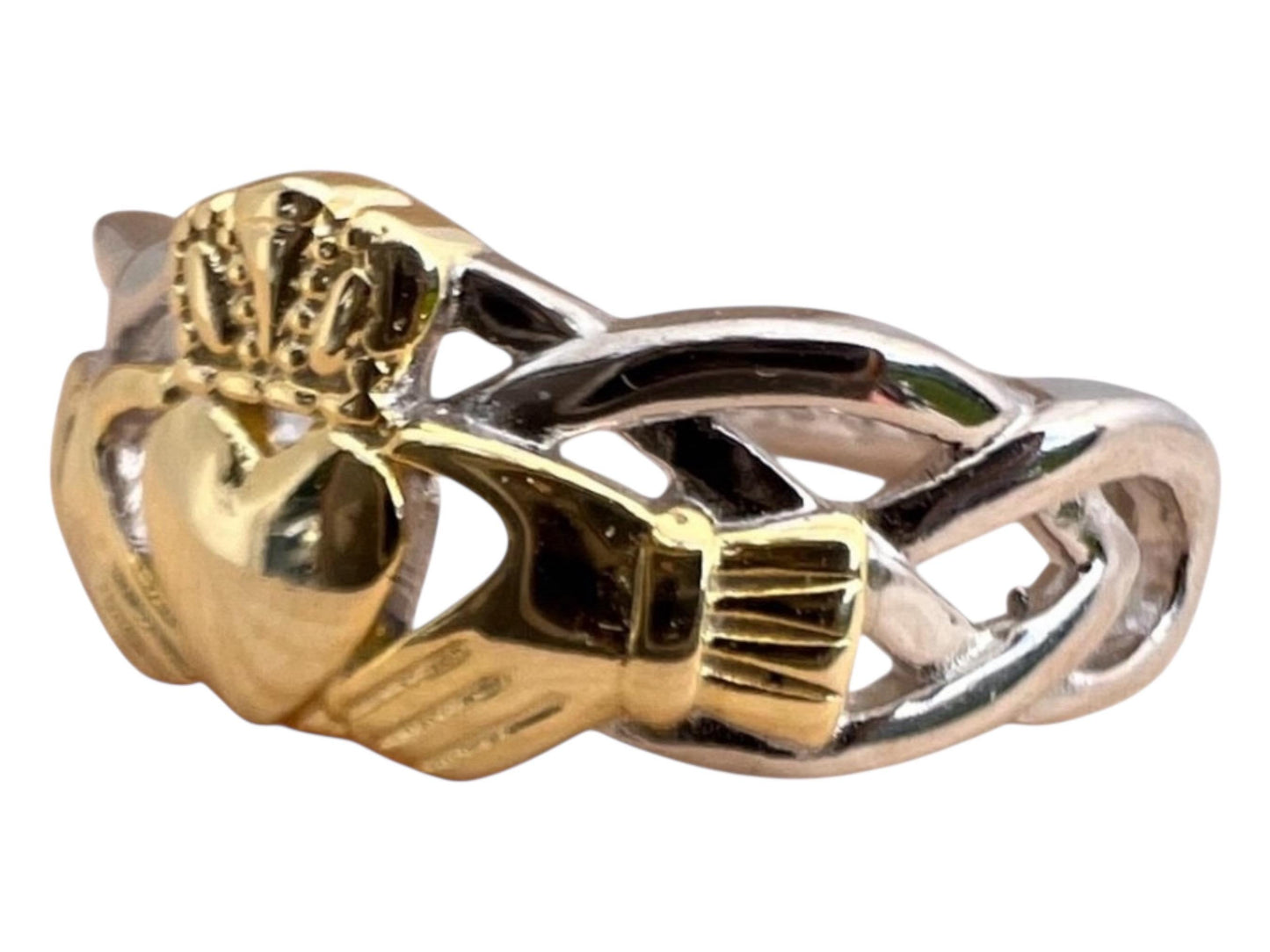 Celtic  woven band with claddagh centre ring  . Come join our Celtic community with this delightful ring .