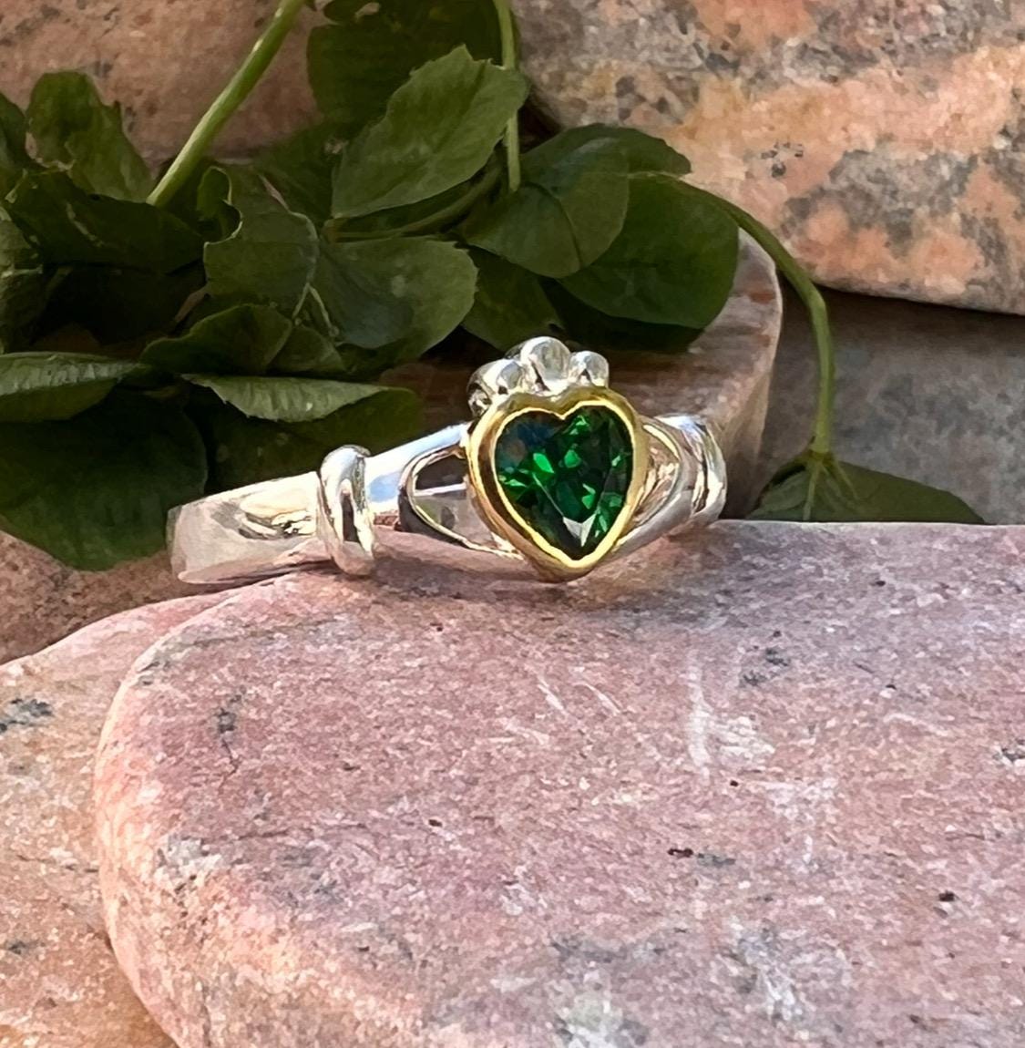 Emerald Celtic princess 2 tone ladies Claddagh ring .