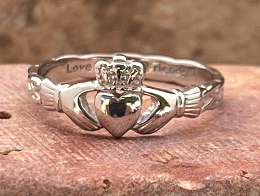 Celtic Braided Ladies  sterling silver rhodium platedCladdagh ring hand made in Galway ,home of the Claddagh ring ,the definition of quality