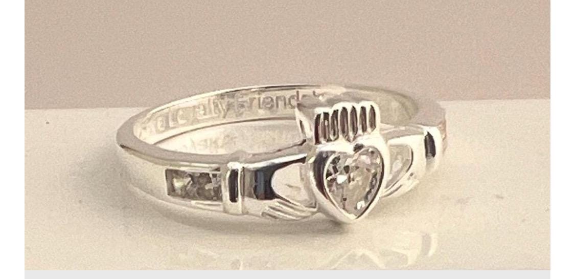 Aries , March April Claddagh Birthstone Ring with synthetic Diamond , white Cz .made from Sterling Silver here in Galway .