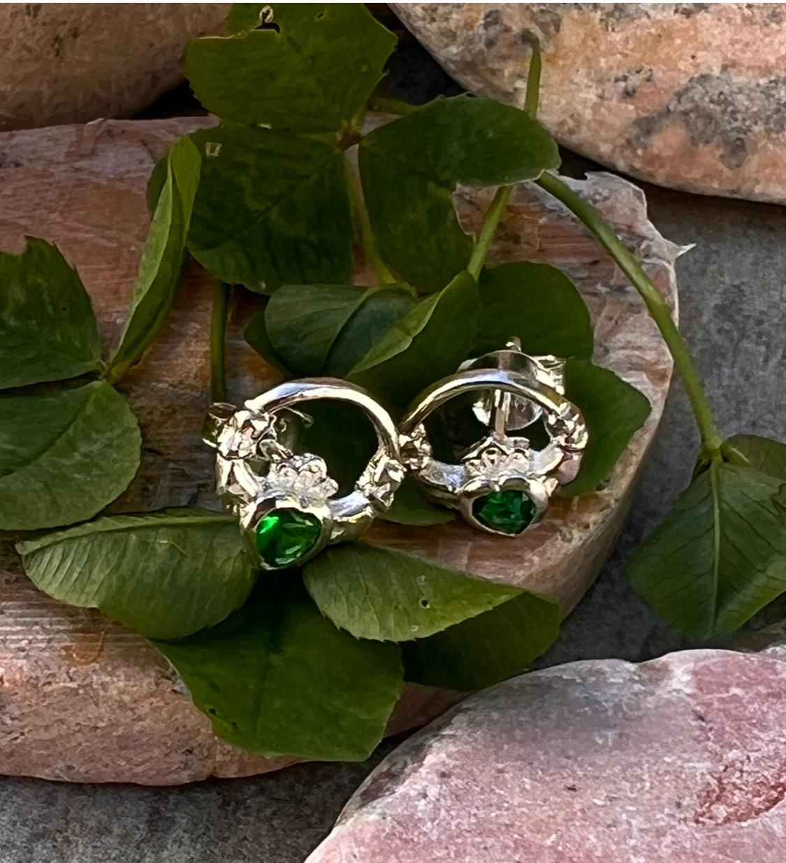 Sterling silver Claddagh birthstone  stud earrings  with a dark green emerald colour stone ,