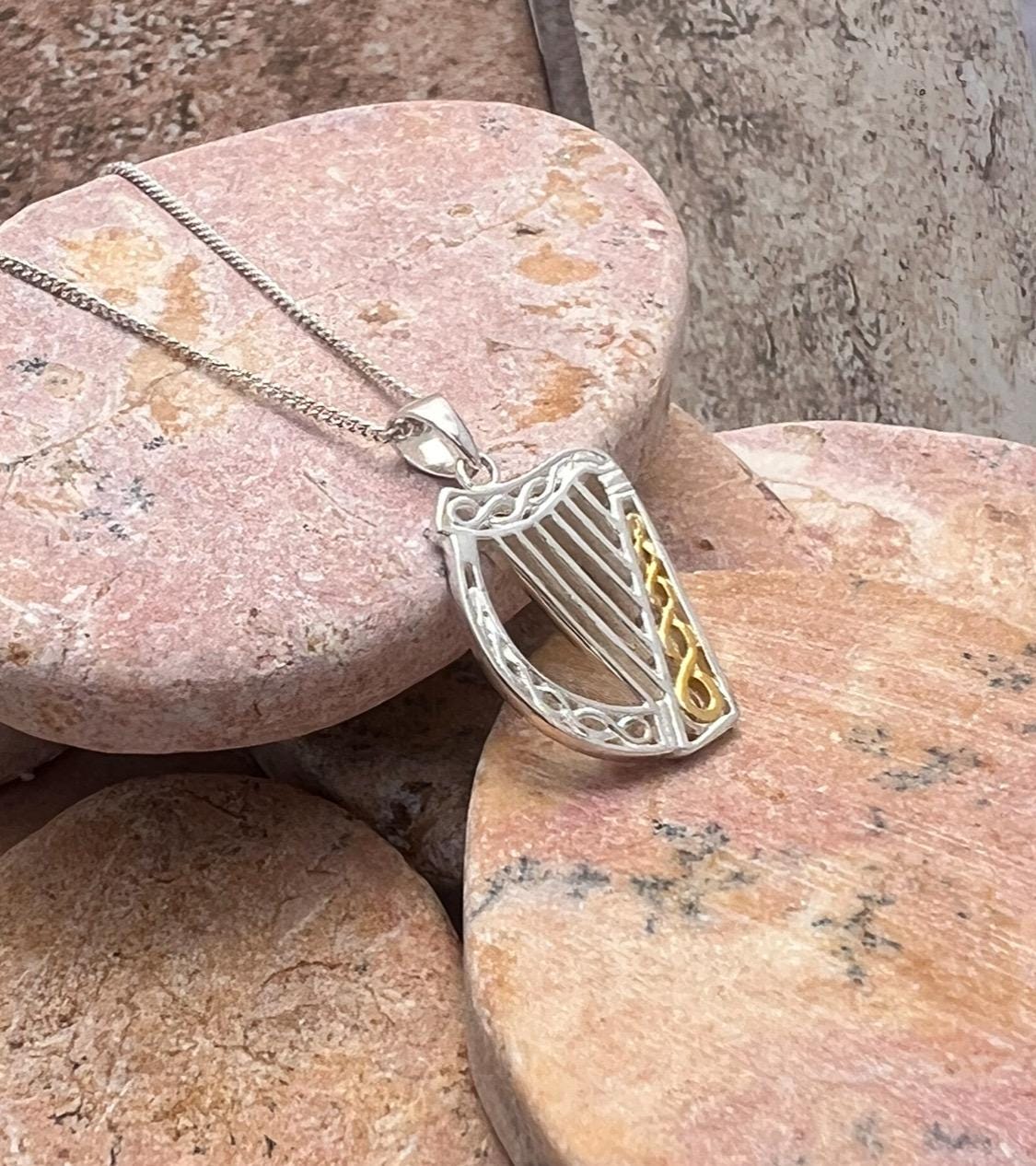 Sterling silver with 14 ct Gold  heavy coating , Irish Celtic harp necklace , from Galway Welcome to our Celtic Community .