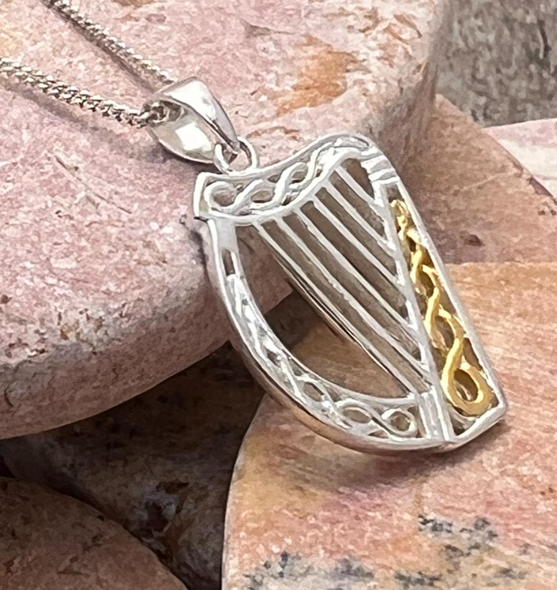 Sterling silver with 14 ct Gold  heavy coating , Irish Celtic harp necklace , from Galway Welcome to our Celtic Community .