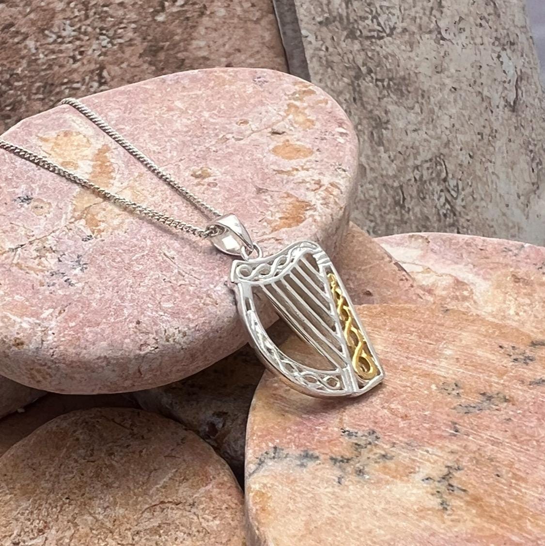 Sterling silver with 14 ct Gold  heavy coating , Irish Celtic harp necklace , from Galway Welcome to our Celtic Community .