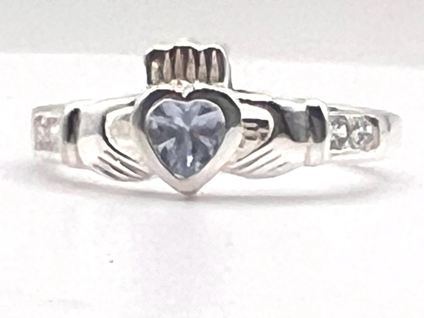 Claddagh Birthstone ring . March ,Aquamarine set in Sterling Silver locally made in Galway Ireland , Available in all 12 Birthstone Colours