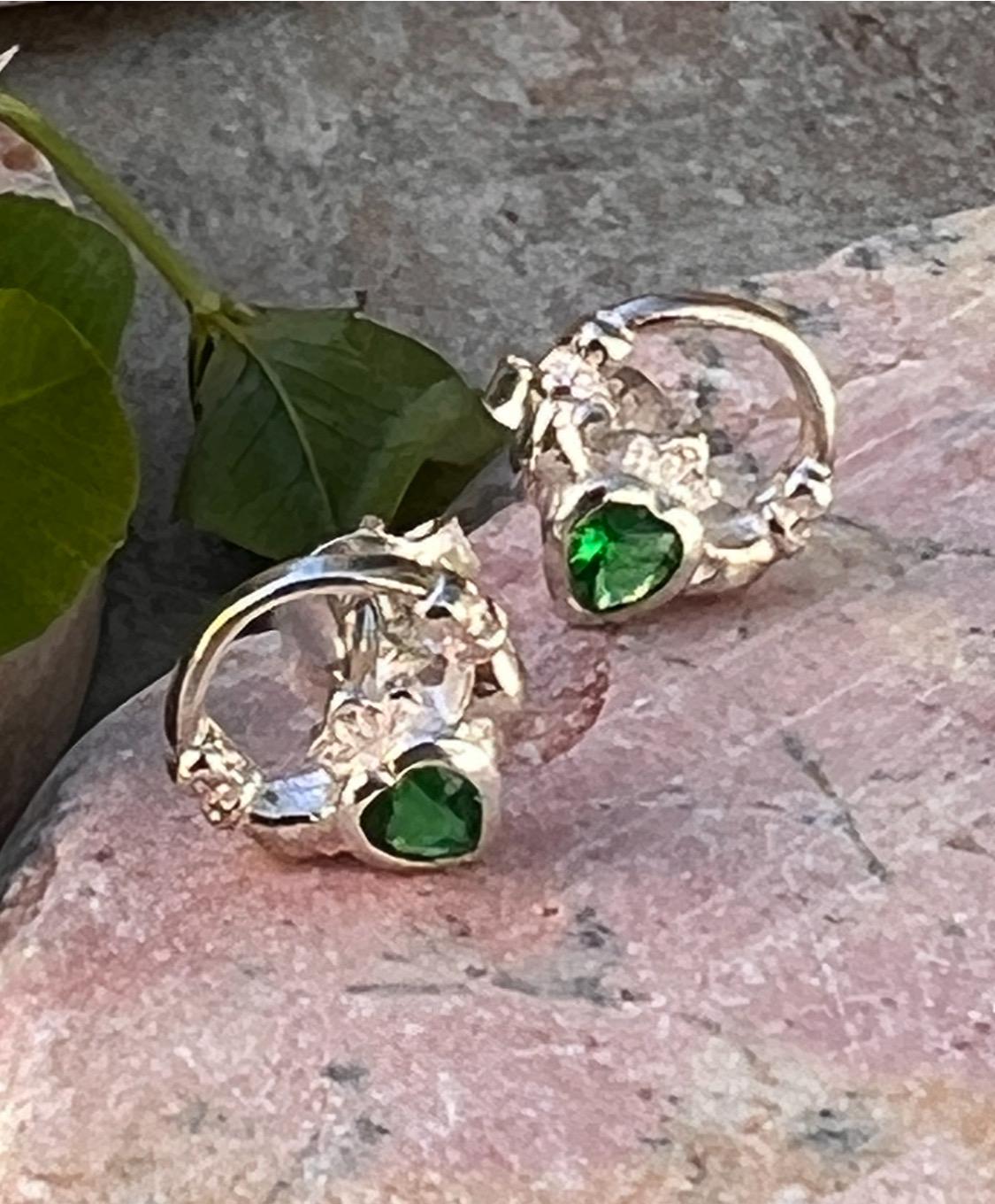 Sterling silver Claddagh birthstone  stud earrings  with a dark green emerald colour stone ,
