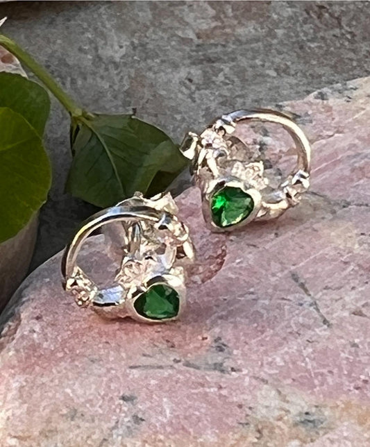 Sterling silver Claddagh birthstone  stud earrings  with a dark green emerald colour stone ,