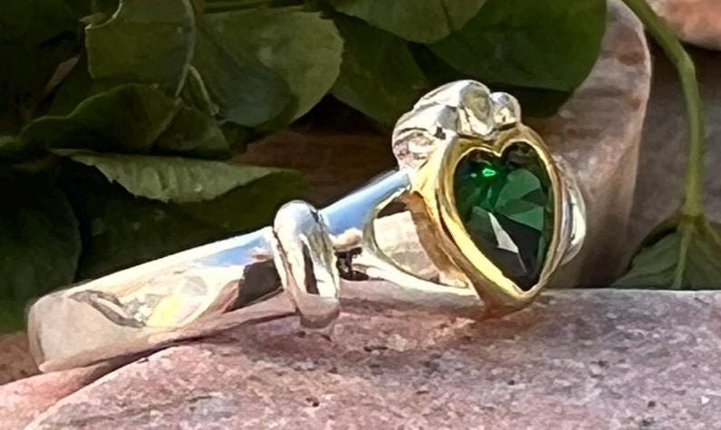 Emerald Celtic princess 2 tone ladies Claddagh ring .