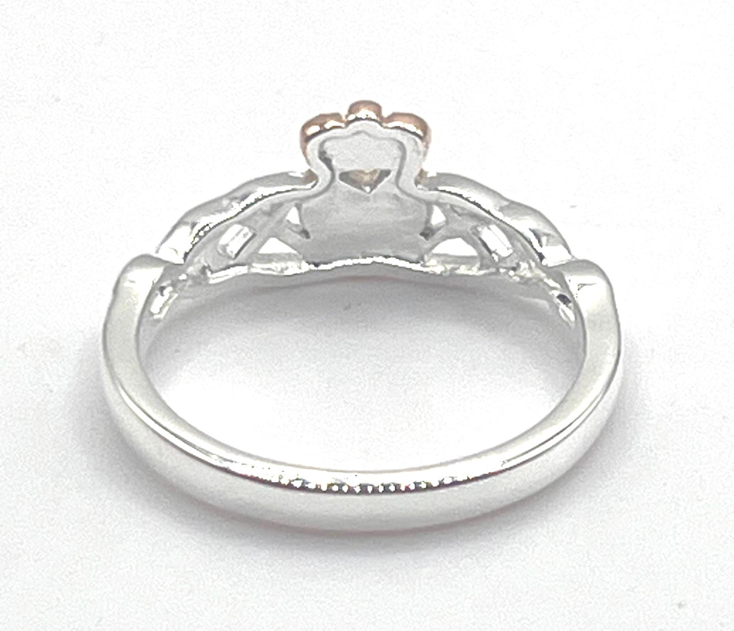 Irish Trinity Claddagh ring in Sterling Silver with 14 ct Rose Gold heavy plating .