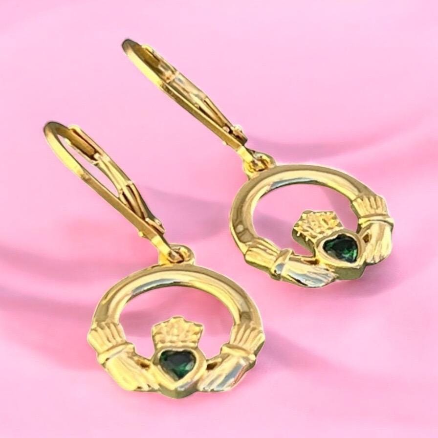 14 ct Gold coated Sterling Silver Claddagh earrings with emerald green stone , hanging on classic French wires , true Elegance