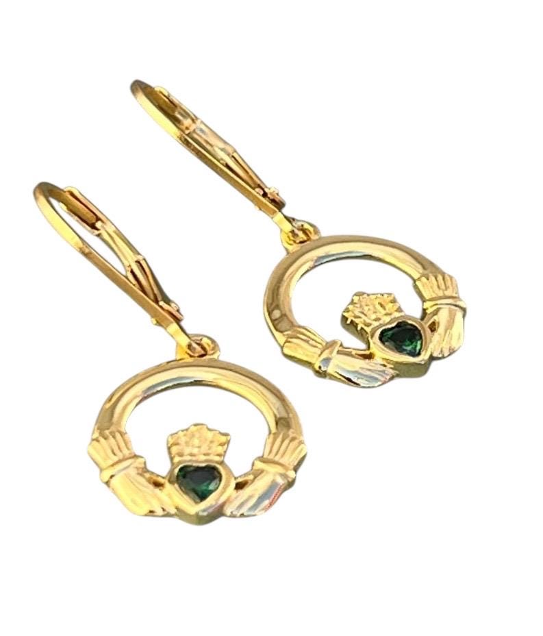 14 ct Gold coated Sterling Silver Claddagh earrings with emerald green stone , hanging on classic French wires , true Elegance