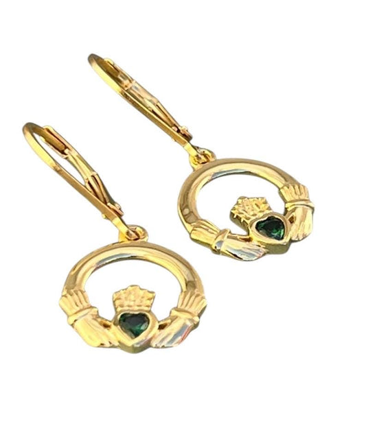 14 ct Gold coated Sterling Silver Claddagh earrings with emerald green stone , hanging on classic French wires , true Elegance