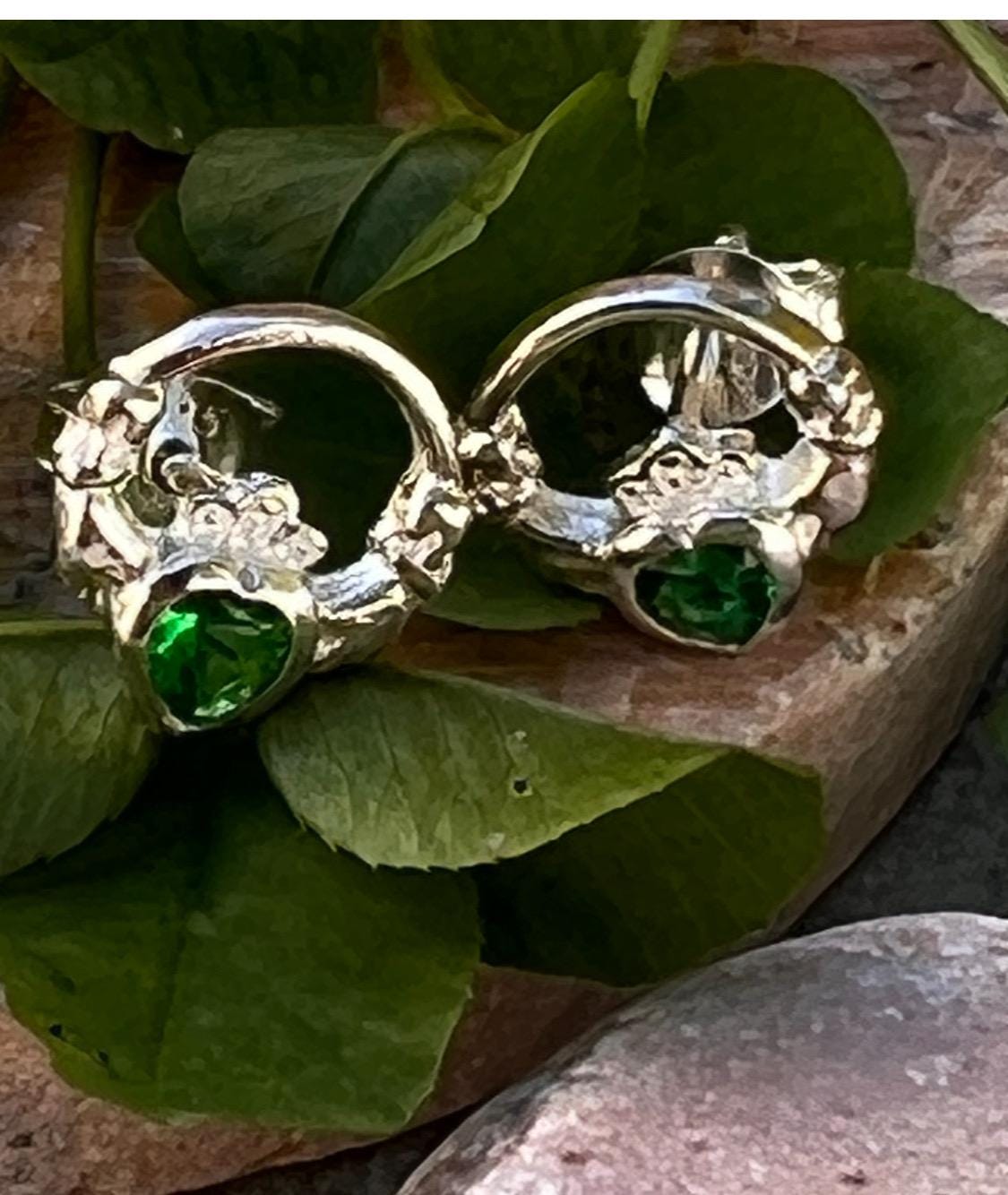 Sterling silver Claddagh birthstone  stud earrings  with a dark green emerald colour stone ,