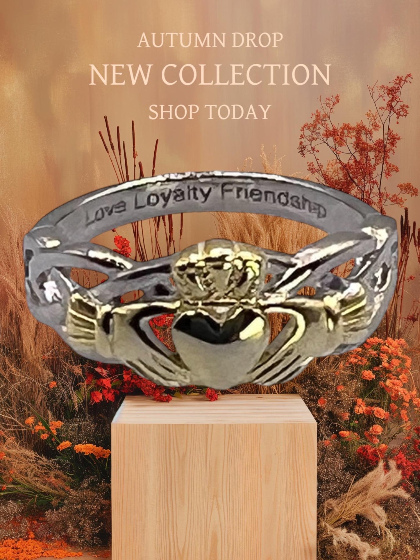Celtic  woven band with claddagh centre ring  . Come join our Celtic community with this delightful ring .