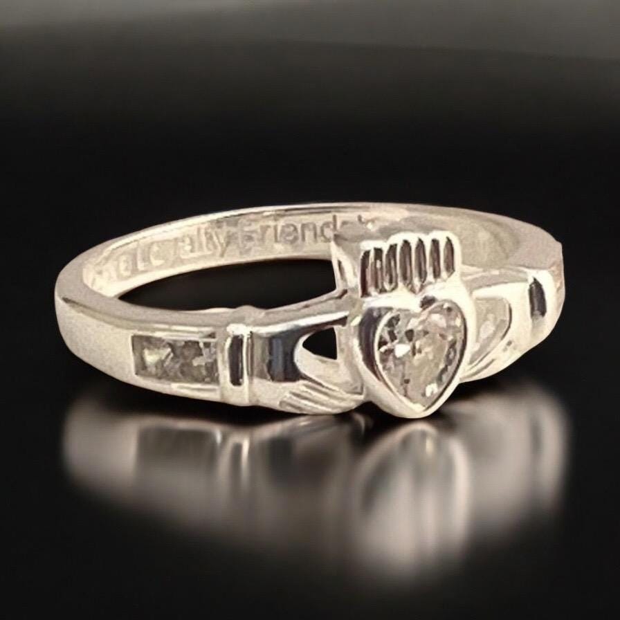 Aries , March April Claddagh Birthstone Ring with synthetic Diamond , white Cz .made from Sterling Silver here in Galway .