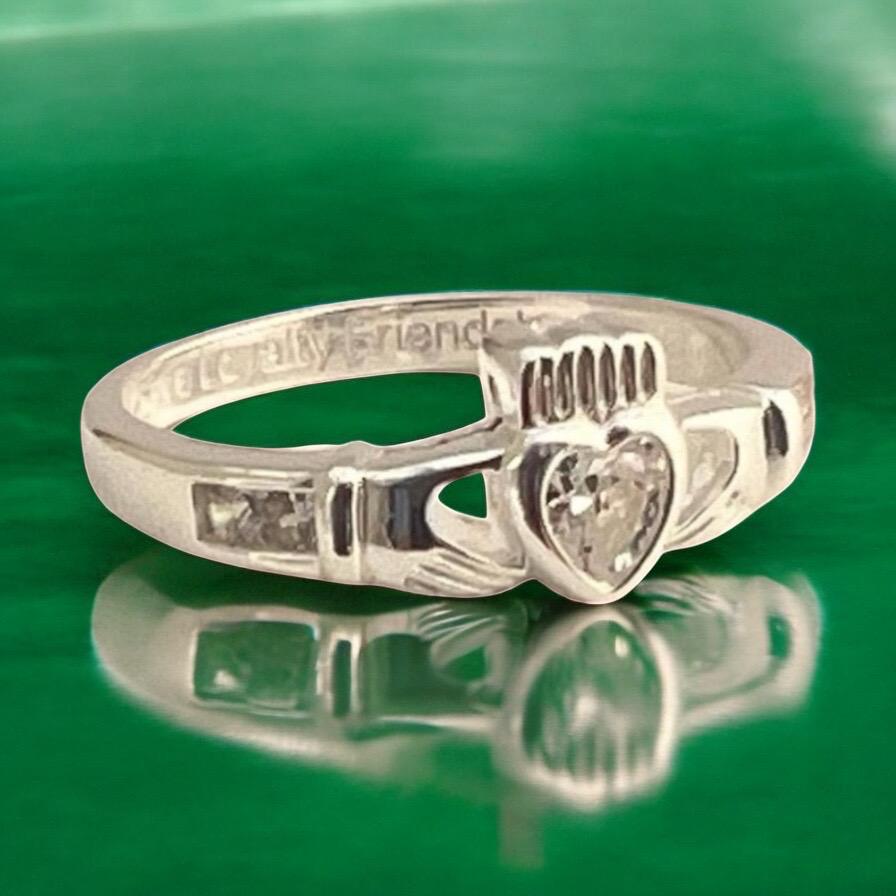 Aries , March April Claddagh Birthstone Ring with synthetic Diamond , white Cz .made from Sterling Silver here in Galway .