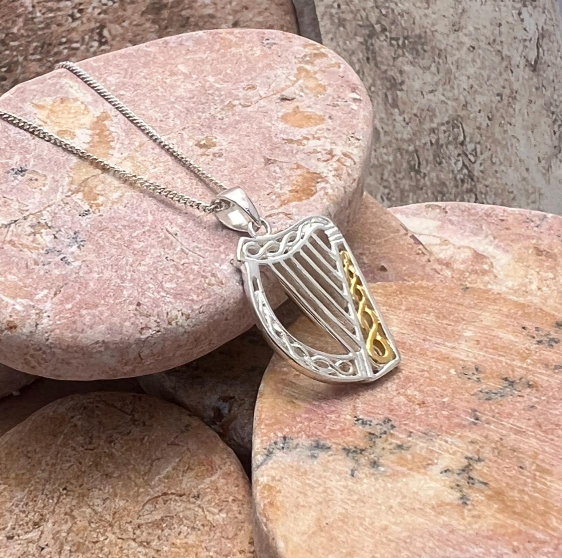 Sterling silver with 14 ct Gold  heavy coating , Irish Celtic harp necklace , from Galway Welcome to our Celtic Community .